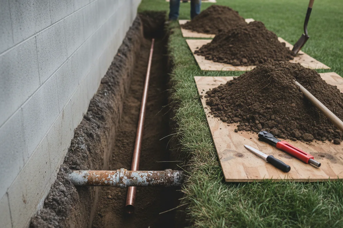 Excavated water line trench during Sewer Line Repair in Bergenfield